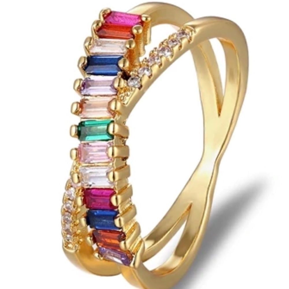 Rainbow Crossover Band Crystal Baguette Eternity Ring NWT